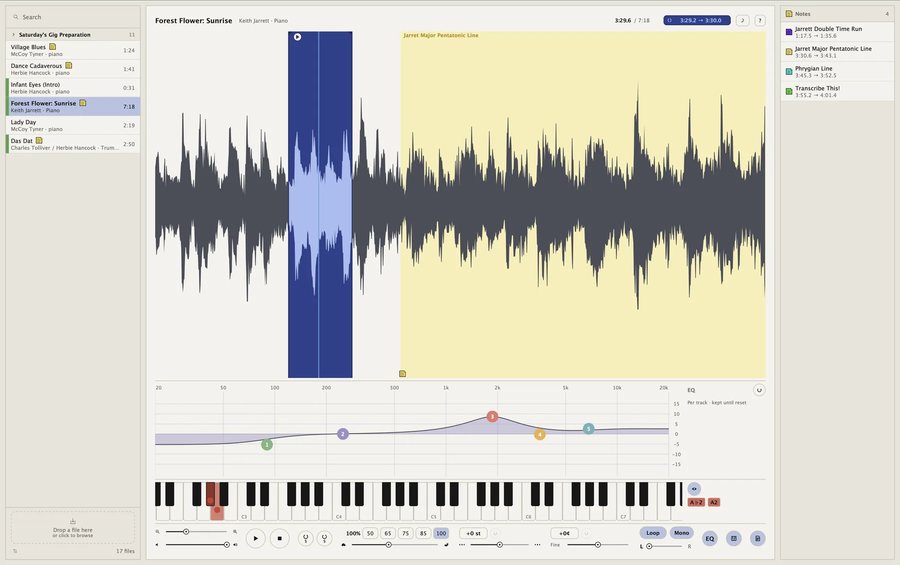 SlowBird on macOS: a library of saved solos on the left, Keith Jarrett’s Forest Flower zoomed in as a waveform with a blue loop region and a yellow saved passage, the notes list on the right, and the EQ curve and reference keyboard below.