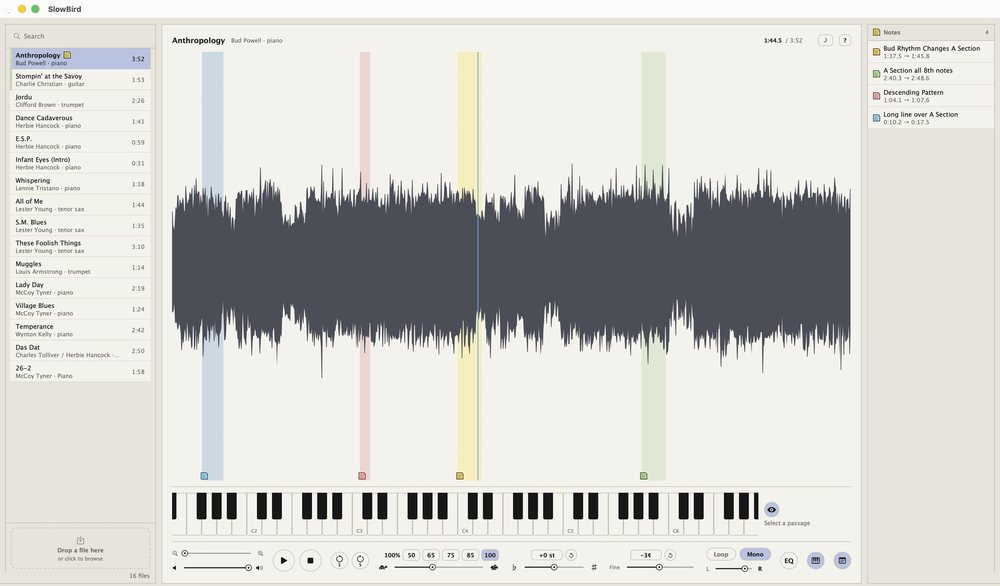 The SlowBird window on macOS: a searchable library of jazz solos down the left, Bud Powell’s Anthropology open as a waveform with four saved passages washed in blue, red, yellow and green, the notes list on the right, and the reference piano keyboard and transport controls below.